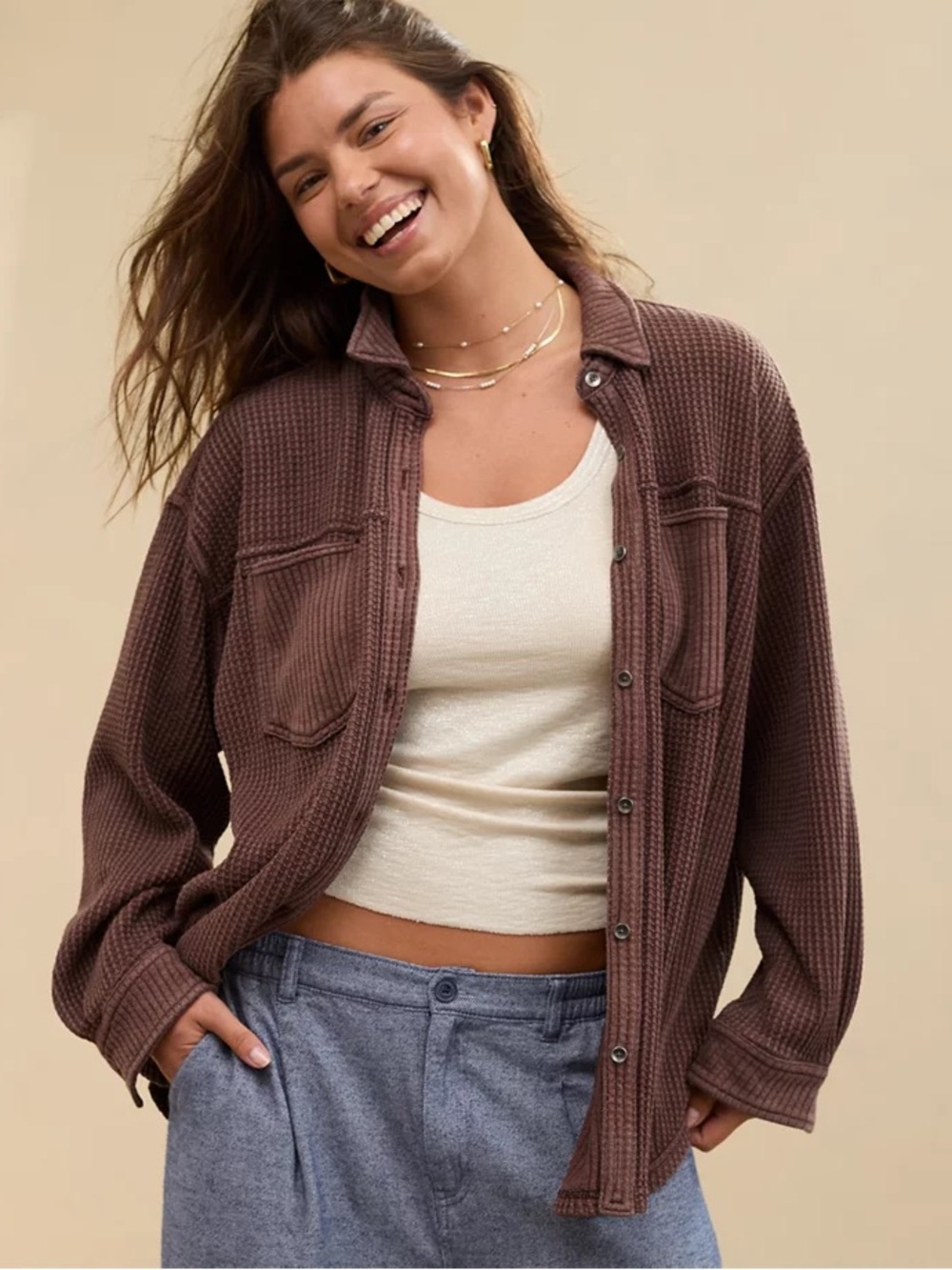 Aerie Canyon Sun Anytime Fave Waffle Shirt Oversized Shacket Size XS